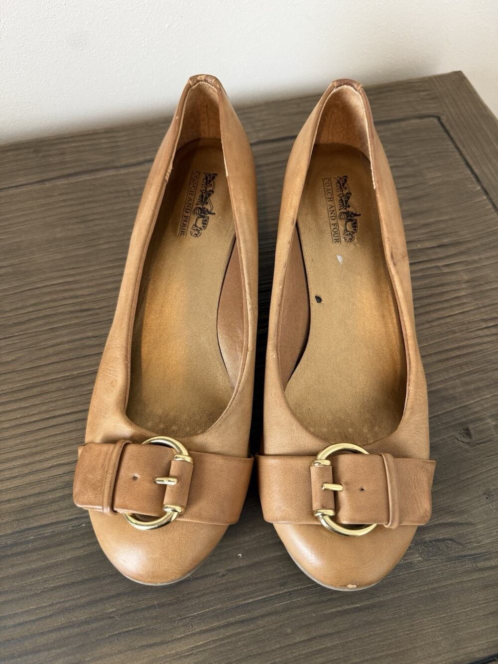 Coach And Four Tan Leather Wedge Ballet Flat Round Toe Buckle Vintage Sz 8
